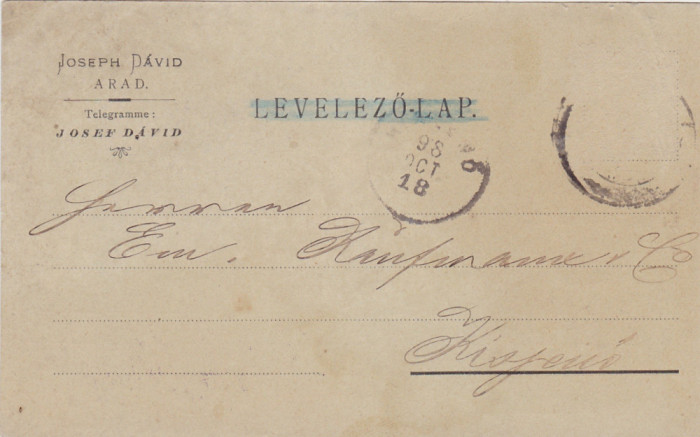 CP CORESPONDENTA Telegrama Arad Josef David 1898