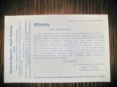 7781-Act vechi-Chitanta Mittelung Gen. Ag. Adolf Homme Wien Theophil Mossler. foto
