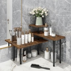 Etajera cu 3 polite din MDF, cu 5 picioare din metal, rotativ 180&deg;, dimensiuni 66 (L) x 17.5 (l) x 38 (H) cm, cu imitatie lemn, maro/negru