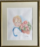 1991, Portret cu buchet de flori, acuarelă, 50x43, &icirc;nrămat profesionist, paspartu, sticlă, semnată Julia Wagner / gata de pus pe perete