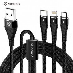 Cablu incarcare 3 in 1 AMORUS, Nylon, Lighning+MicroUSB+Type C, Negru foto