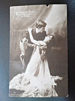 Carte postala, Francisca Rozan si I. Manolescu in Patima, inceput de secol XX foto