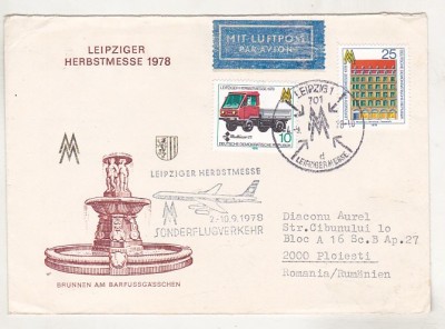 bnk fil Aerofilatelie - Germania RDG Plic stampila ocazionala Leipziger Herbstmesse 1978 - circulat spre Romania foto