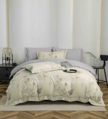 Lenjerie de lux pentru pat dublu,bumbac finet,6 piese,cearceaf cu elastic,crem mov,cu flori-A1010