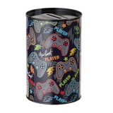 Pusculita BestPlayer pentru copii, forma cilindrica si imprimeu cu console, Metal, Negru, 9x13 cm