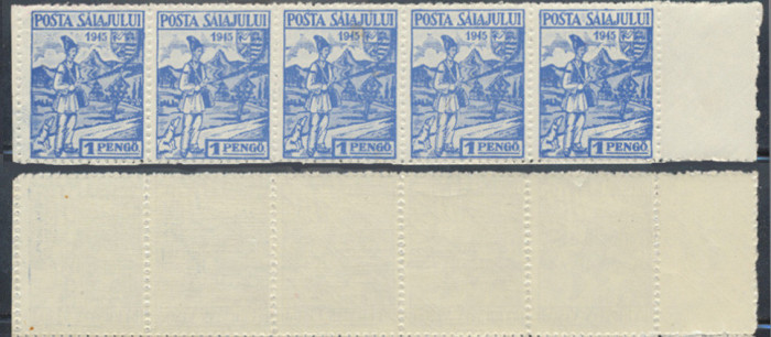 1945 ROMANIA Ardealul de Nord Posta Salajului 1P streif de 5 timbre cu punte MNH