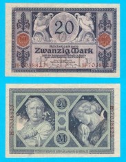 Germania (p#63) 20 Mark 1915 aUNC+ &#039;Reichsbanknote&#039; serie: H.7038823