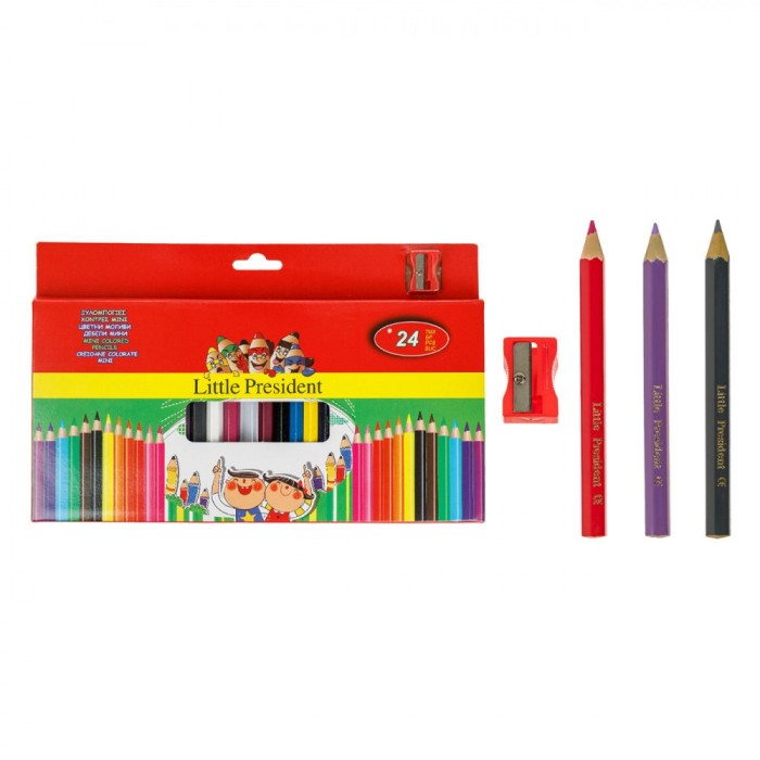 Set Creioane Colorate Little President, 24 Bucăți, Multicolor, V&acirc;rf Gros, Mini, Include Ascuțitoare