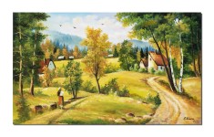 Tablou peisaj sat de munte pictat manual, Amintiri din copilarie, 100x60cm in ulei pe panza, gata de agatat pe perete foto