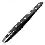 Pensetă Design, V&acirc;rf Oblic, Negru cu Buline, 9.5cm, Metal