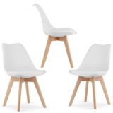 Set 3 Scaune Grosseto, Stil Scandinav cu Picioare din Lemn, Sezut din PP si Perna din Piele Ecologica, Maxim 120 Kg, 49 x 45 x 82 cm, Alb