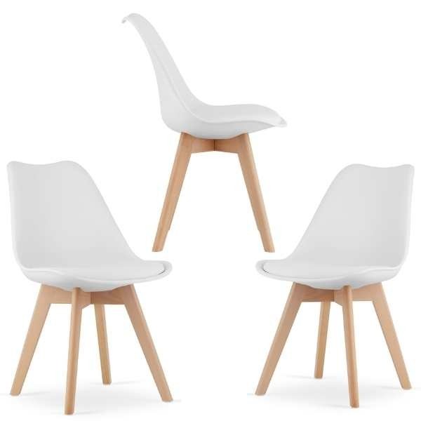 Set 3 Scaune Grosseto, Stil Scandinav cu Picioare din Lemn, Sezut din PP si Perna din Piele Ecologica, Maxim 120 Kg, 49 x 45 x 82 cm, Alb
