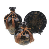 Set 2 vaze decorative si farfurie din ceramica, Flori, Negru, 723H