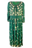 Rochie dama casual, verde/crem , marimea L, Bumbac