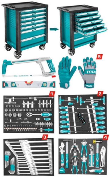 Banc de scule mobil echipat cu 162 unelte, Total