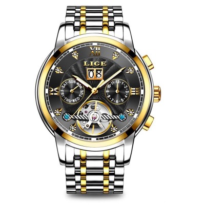 Ceas barbatesc mecanic automatic Lige Data Skeleton Negru foto
