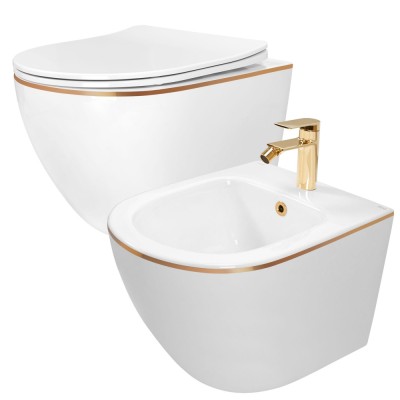Set vas WC CARLO Mini Flat + bidet CARLO Mini White Gold Edge foto