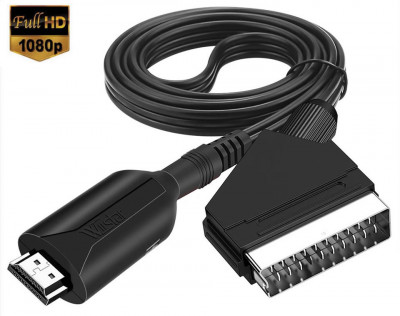 Cablu HDMI la Scart, Active, 1M, Full HD, convertor hdmi digital la euroscart analog cu mufa mama, video si sunet audio, adaptor cablu alimentare USB foto