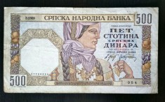 Bancnota Serbia - 500 Dinars 1941 - Ocupație Germana