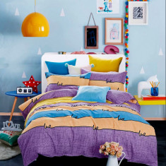 Lenjerie de pat pentru o persoana cu husa elastic pat si fata perna dreptunghiulara, Iguazú Falls, bumbac mercerizat, multicolor