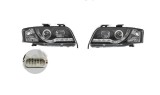 Set faruri Audi A6 (C5), 06.2001-01.2005, partea Stanga+Dreapta, Tuning, Fata, cu lumina de parcare LED; tip bec H1+H1; manual; negru, transparent; t