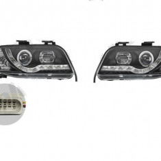 Set faruri Audi A6 (C5), 06.2001-01.2005, partea Stanga+Dreapta, Tuning, Fata, cu lumina de parcare LED; tip bec H1+H1; manual; negru, transparent; t