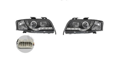 Set faruri Audi A6 (C5), 06.2001-01.2005, partea Stanga+Dreapta, Tuning, Fata, cu lumina de parcare LED; tip bec H1+H1; manual; negru, transparent; t foto