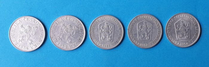 Moneda veche Cehoslovacia Lot x 5 piese - 10 Haler ani diferiti ( 1954 -1964)