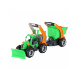 Tractor de jucarie cu plug, remorca-bazin si cusca mobila pentru animale 51x14x20 cm