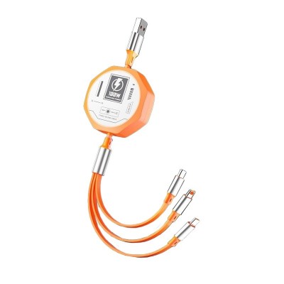 Cablu Retractabil 3in 1 pentru Telefon, Flippy, Cablu de incarcare rapida 100W, stil Mecha, potrivit pentru Auto, Universal 1.2M, Portocaliu foto