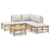 Set mobilier de gradina cu perne gri deschis, 6 piese, bambus