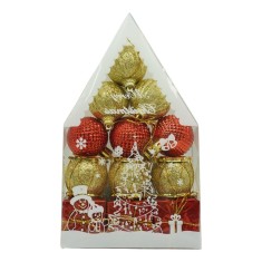 Set de 12 ornamente de brad, Flippy, de tip Glob, Rosu/ Auriu, din polistiren, cu finisaj sclipitor , cutie 4 cm adancime x 20 cm inaltime x 12 cm lun