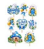 Set 8 Toppere Model Ștrumfițe pentru Tort, Carton Foliat