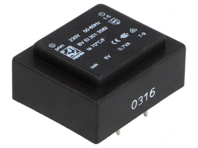 Transformator &icirc;ncapsulat 0,7VA 230V 6V 117mA PCB
