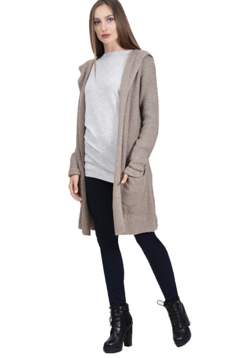 A635-8 Cardigan lung cu buzunare si gluga atasata