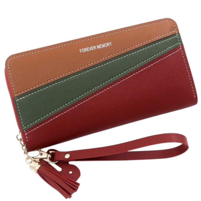 Portofel cu fermoar tip poseta, design elegant si casual, Model bloc de culori - Rosu, Verde, Maro