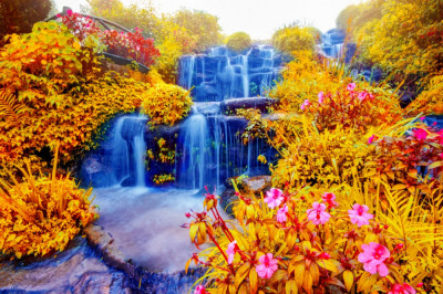 Fototapet de perete autoadeziv si lavabil Cascada51 Cascada din gradina cu flori toamna, 250 x 150 cm foto