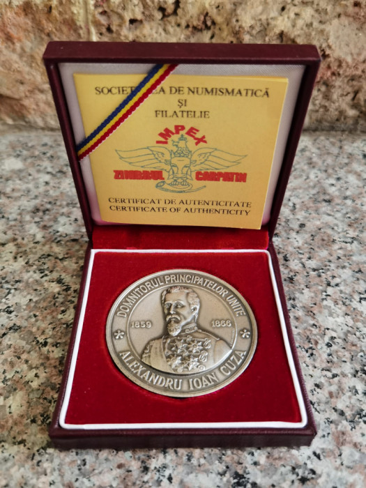 Medalie Al. I. Cuza Argint Puritate 800/1000 102g Proof Tiraj - - ,559261