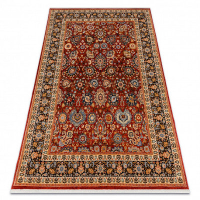 Covor L&amp;acirc;nă KESHAN franjuri, Ornament, cadru oriental 7573/53577 vin roșu / albastru inchis, 120x145 cm foto