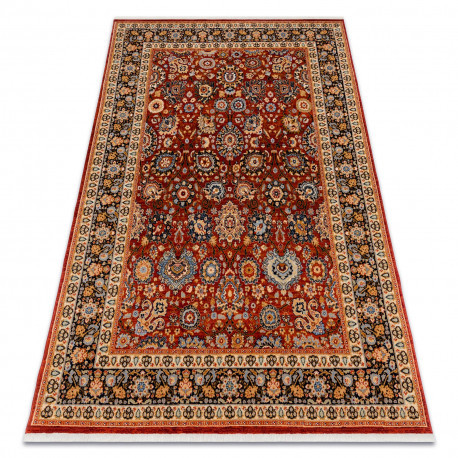 Covor L&acirc;nă KESHAN franjuri, Ornament, cadru oriental 7573/53577 vin roșu / albastru inchis, 120x145 cm