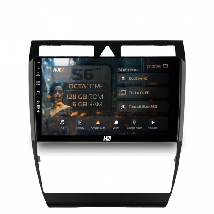 Navigatie Audi A6 6GB RAM Android 13 Octacore Slot Sim 4G DSP GPS Wi-FI Carplay Android Auto USB Bluetooth Waze Touchscreen 9 Inch