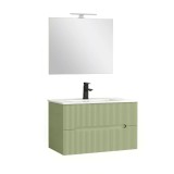 Set Mobilier Baie Leziter Trent 80cm, Lavar Ceramic, Oglinda 60x80cm, Verde Deschis, Suspensie Perete, Soft-Close