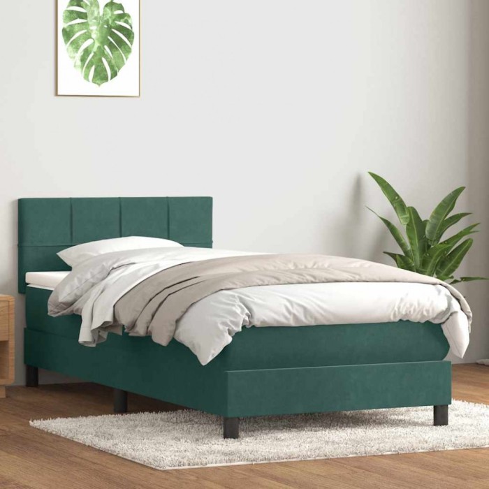 vidaXL Pat box spring cu saltea, verde &icirc;nchis, 80x220 cm, catifea