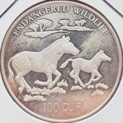 47 Djibouti 100 Francs 1994 Endangered Wildlife - zebras km 32 argint foto