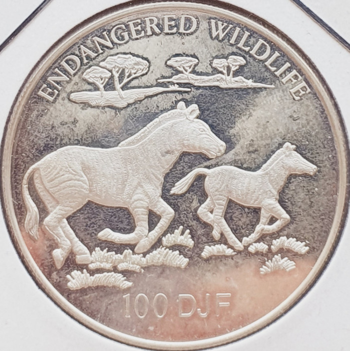 47 Djibouti 100 Francs 1994 Endangered Wildlife - zebras km 32 argint
