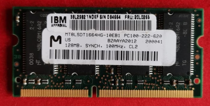 ram rami laptop Memorie Micron MT8LSDT1664HG-10EB1 128MB SO-DIMM 144-pin SD-RAM PC-100 CL2 &#039;&#039; SODIMM 128 MB ; Pins 144 Pin ;