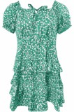 Cumpara ieftin Rochie de vara pentru femei si domnisoare, scurta, talie elastica, fermoar lateral, maneca scurta, snur, culoare verde cu imprimeu floral, poliester,, Oem
