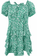 Rochie de vara pentru femei si domnisoare, scurta, talie elastica, fermoar lateral, maneca scurta, snur, culoare verde cu imprimeu floral, poliester,