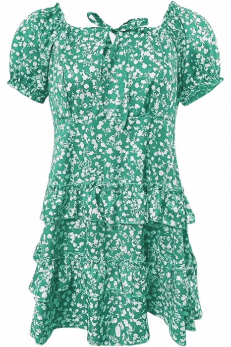 Rochie de vara pentru femei si domnisoare, scurta, talie elastica, fermoar lateral, maneca scurta, snur, culoare verde cu imprimeu floral, poliester,