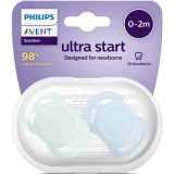Set 2 suzete Philips Avent Ultra Start SCF075/02, ortodontice, fara BPA, 0-2 luni, verde-albastru